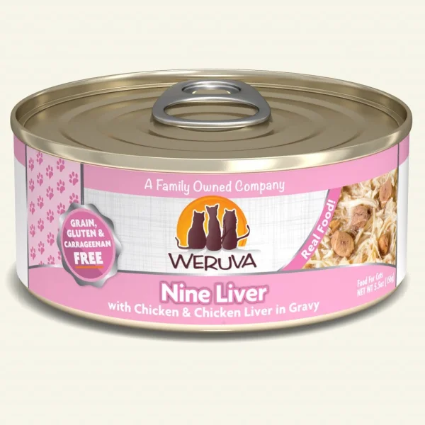    - Fish-based cat food  Weruva Nine Liver with Chicken & Chicken Liver in Gravy 24 x 5oz Cans